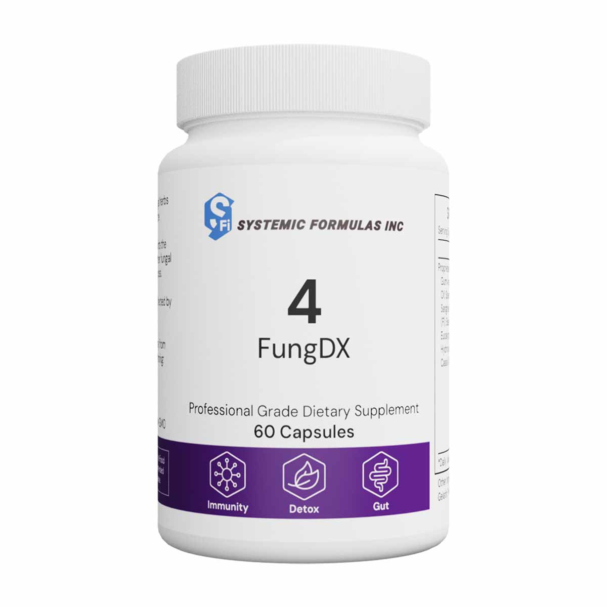 White capsule bottle labeled "4 FungDX" by Systemic Formulas Inc, 60 capsules, with purple band showing immunity, detox, and 