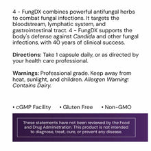 4 FungDX supplement bottle label showing product description, directions, warnings, and FDA disclaimer.