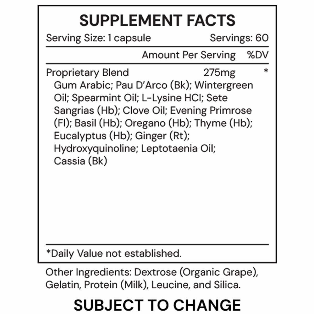 Supplement Facts label for 4 FungDX showing 60 capsules with proprietary blend ingredients including gum arabic, oils, herbs,