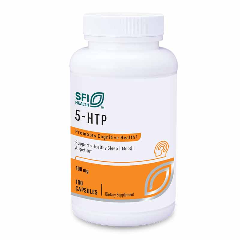 White plastic bottle with white screw cap containing 100 vegetarian capsules of 5-HTP 100 mg by SFI Health.