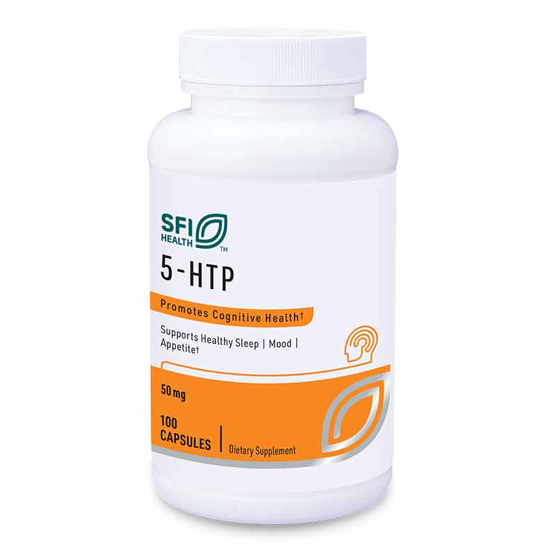 White bottle of SFI Health 5-HTP 50 mg dietary supplement containing 100 capsules.