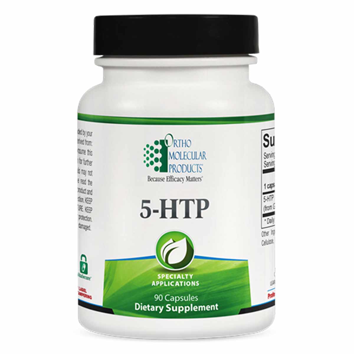 White bottle with black cap labeled "5-HTP, 90 Capsules" by Ortho Molecular Products dietary supplement.