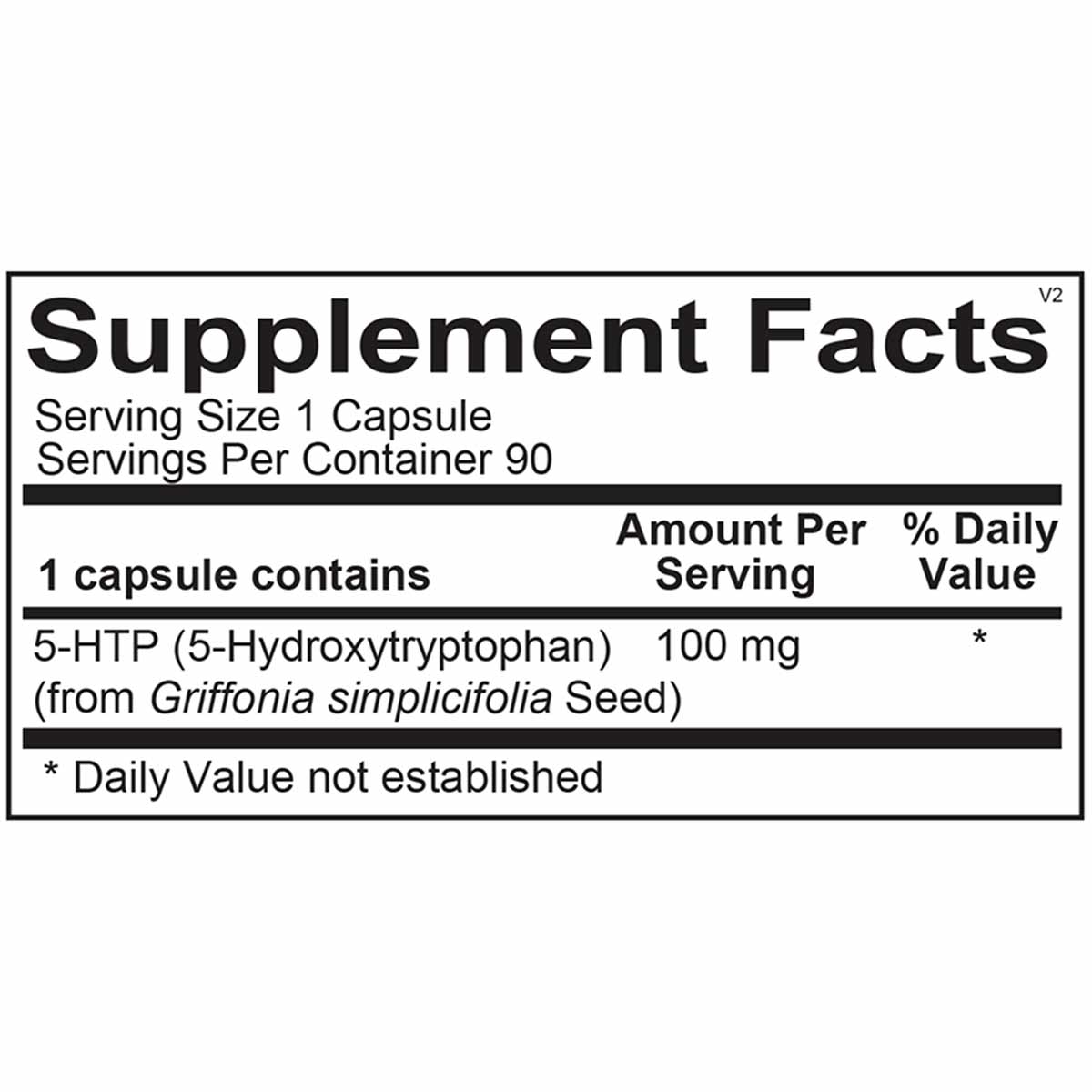 Supplement Facts label showing 90 capsules per container with 100 mg 5-HTP per capsule serving.