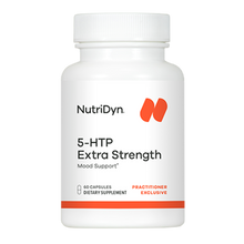 White bottle of NutriDyn 5-HTP Extra Strength dietary supplement with white cap, red logo, and label indicating 60 capsules.