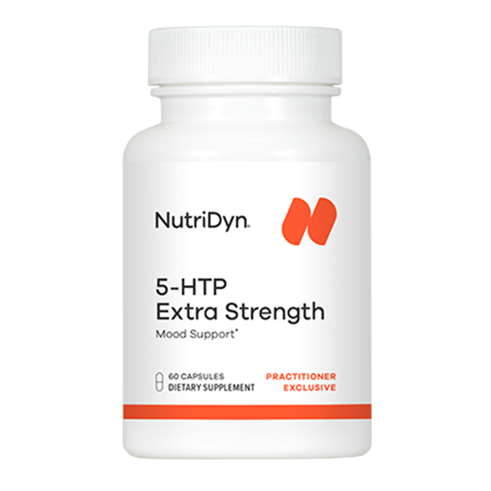 White bottle of NutriDyn 5-HTP Extra Strength dietary supplement with white cap, red logo, and label indicating 60 capsules.