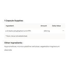 Nutrition facts label showing 5-HTP supplement ingredients including 200 mg L-5-Hydroxytryptophan per capsule.