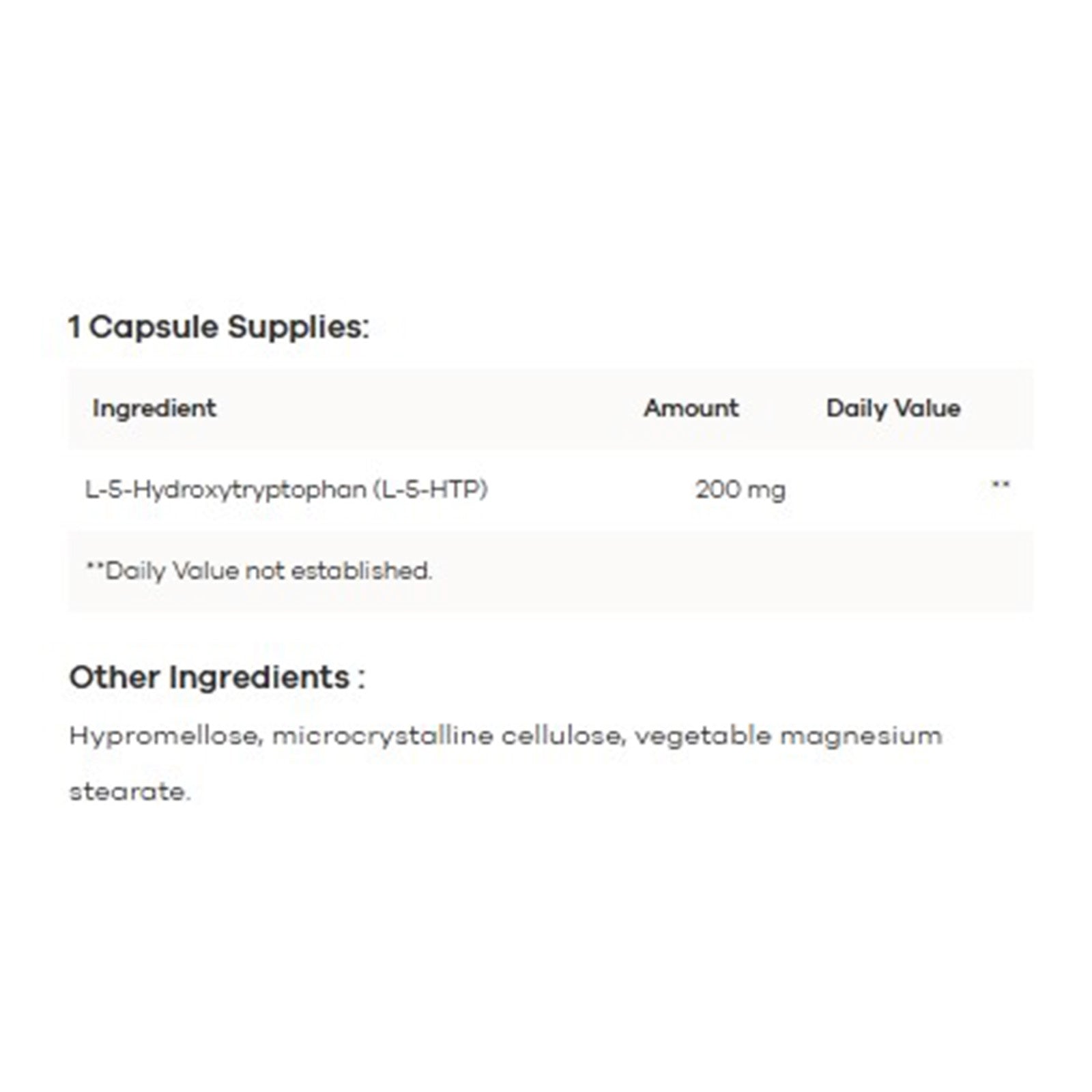 Nutrition facts label showing 5-HTP supplement ingredients including 200 mg L-5-Hydroxytryptophan per capsule.
