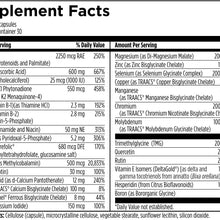 A Supplement Facts label listing a serving size of four capsules, thirty servings per container, and amounts of vitamins, minerals, and other ingredients.