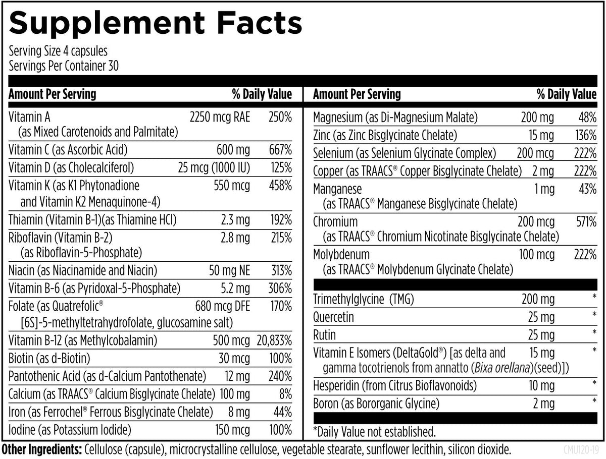 A Supplement Facts label listing a serving size of four capsules, thirty servings per container, and amounts of vitamins, minerals, and other ingredients.