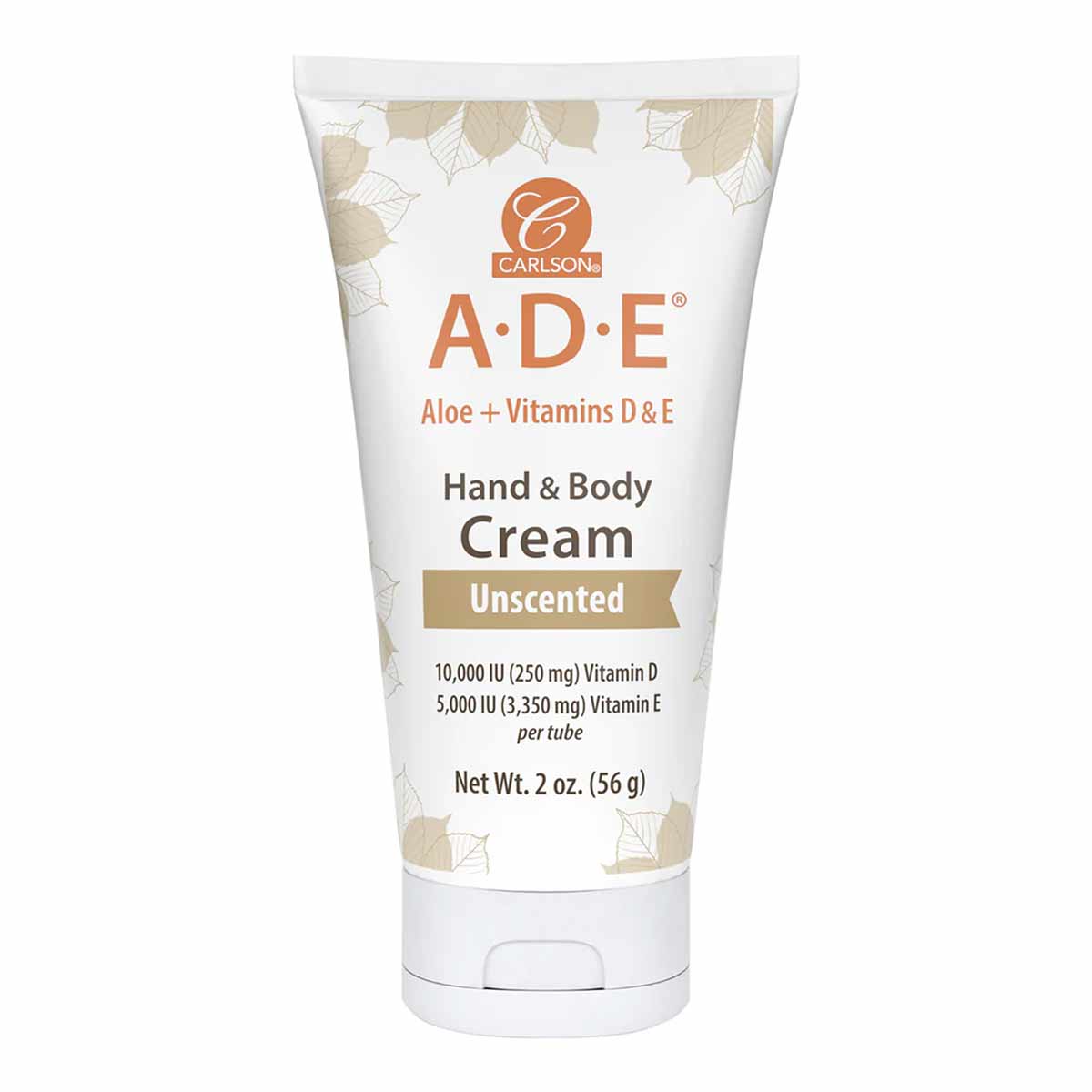 White tube of Carlson Labs A·D·E Hand & Body Cream with orange and tan leaf design, labeled unscented, 2 oz.
