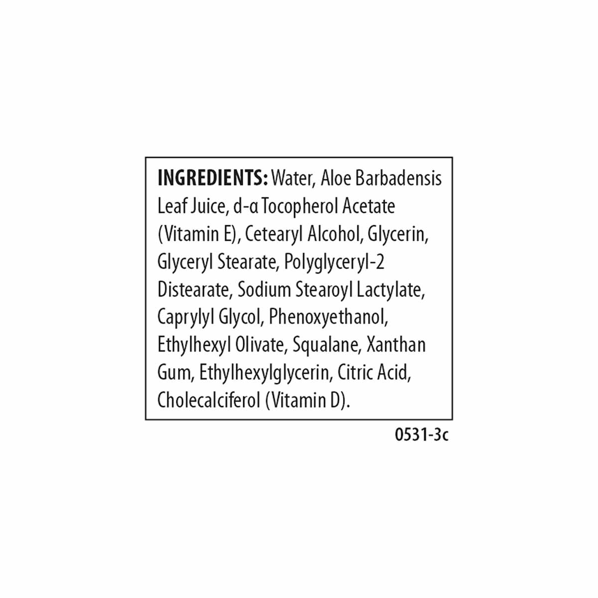 Ingredient label for ADE Cream listing water, aloe barbadensis leaf juice, vitamin E, vitamin D, and various emollients.