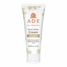 White tube of Carlson Labs A.D.E. Hand & Body Cream with aloe and vitamins D & E, unscented, 4 oz.