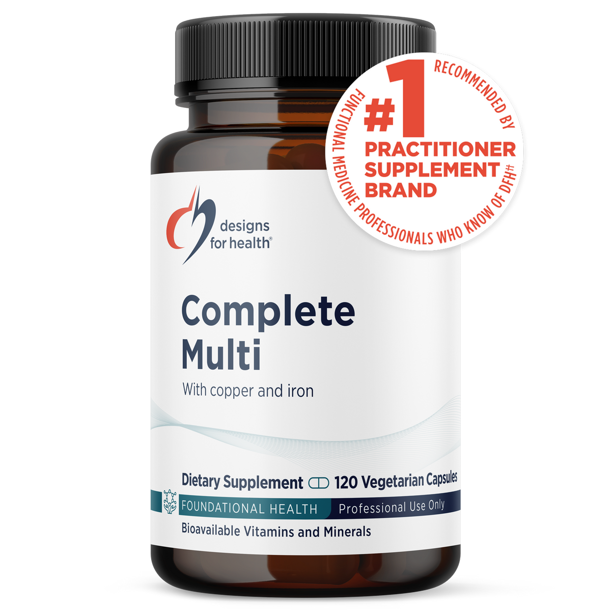 An amber supplement bottle with a black cap and white label reads Complete Multi with copper and iron, 120 vegetarian capsules.