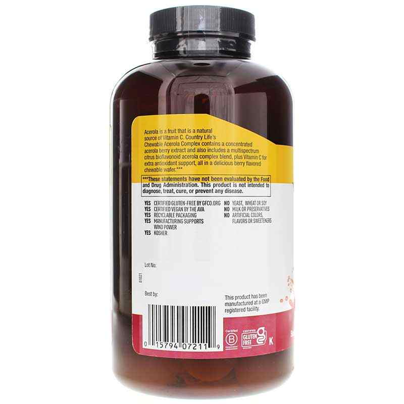 Acerola Vitamin C Complex 500 Mg, 180 Chewables, by Country Life, image #3