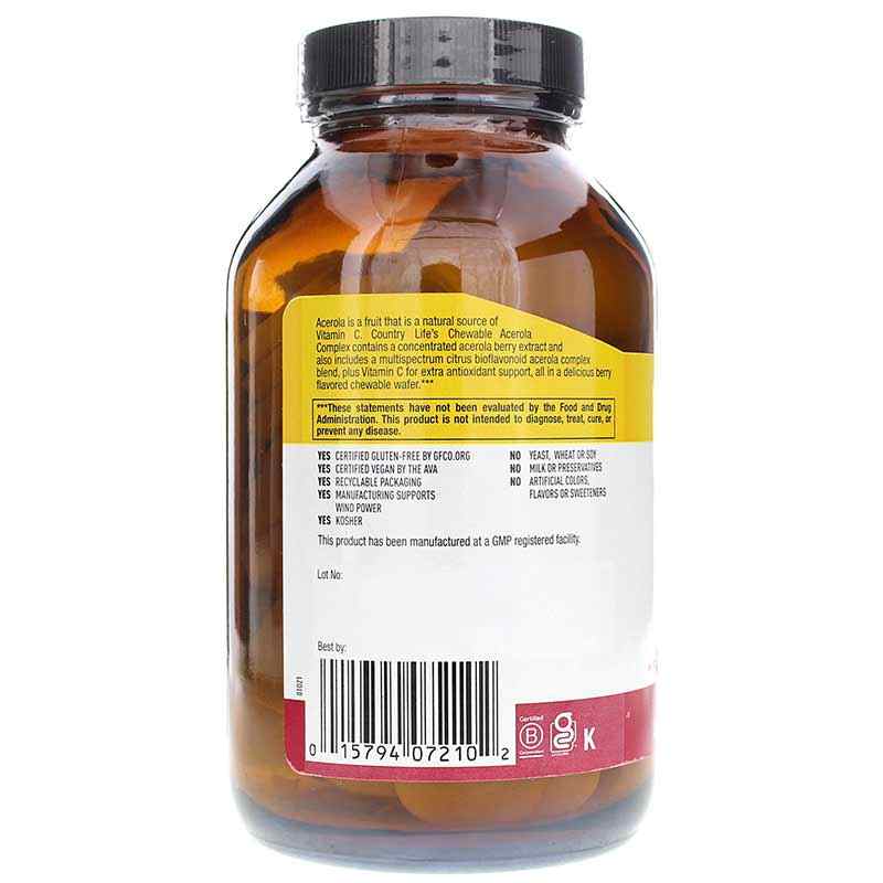 Acerola Vitamin C Complex 500 Mg, 90 Chewables, by Country Life, image #3