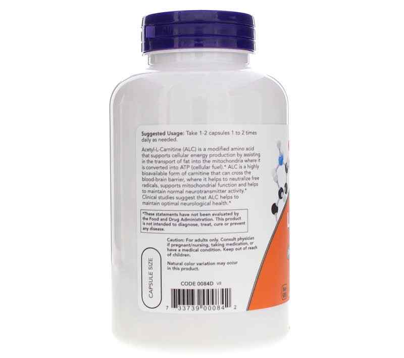 Acetyl-L-Carnitine 500 Mg, 200 Veg Capsules, by NOW Foods, image #3