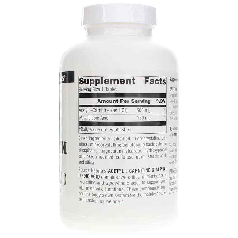 Acetyl L-Carnitine & Alpha-Lipoic Acid 650 Mg, 180 Tablets, by Source Naturals, image #2