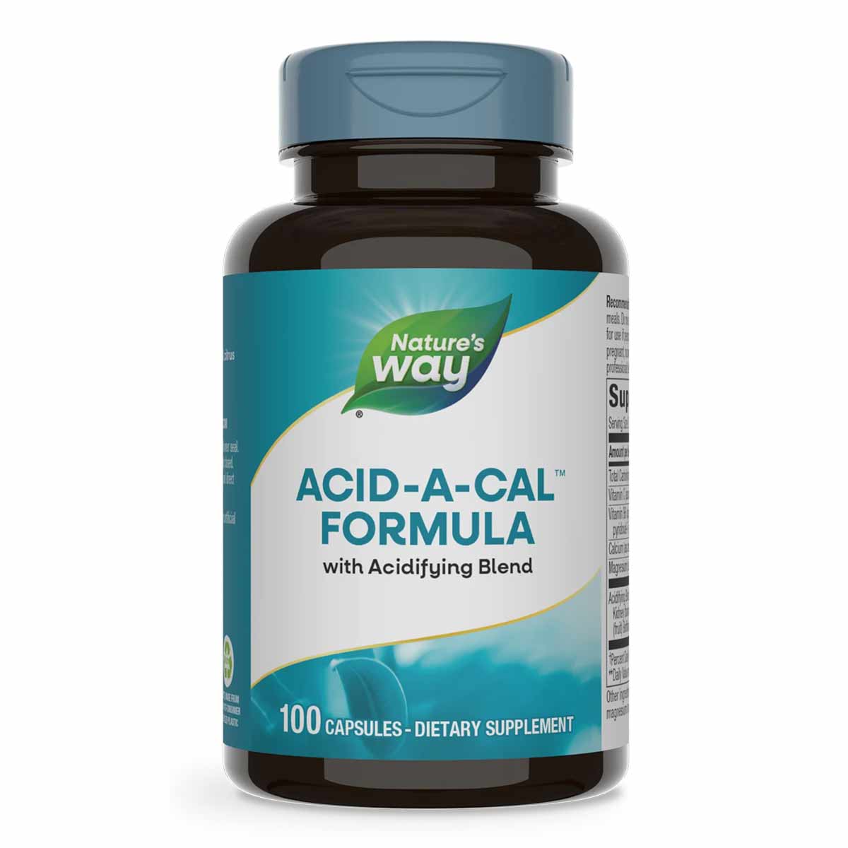 Nature's Way Acid-A-Cal Formula dietary supplement bottle containing 100 capsules with blue and white label.