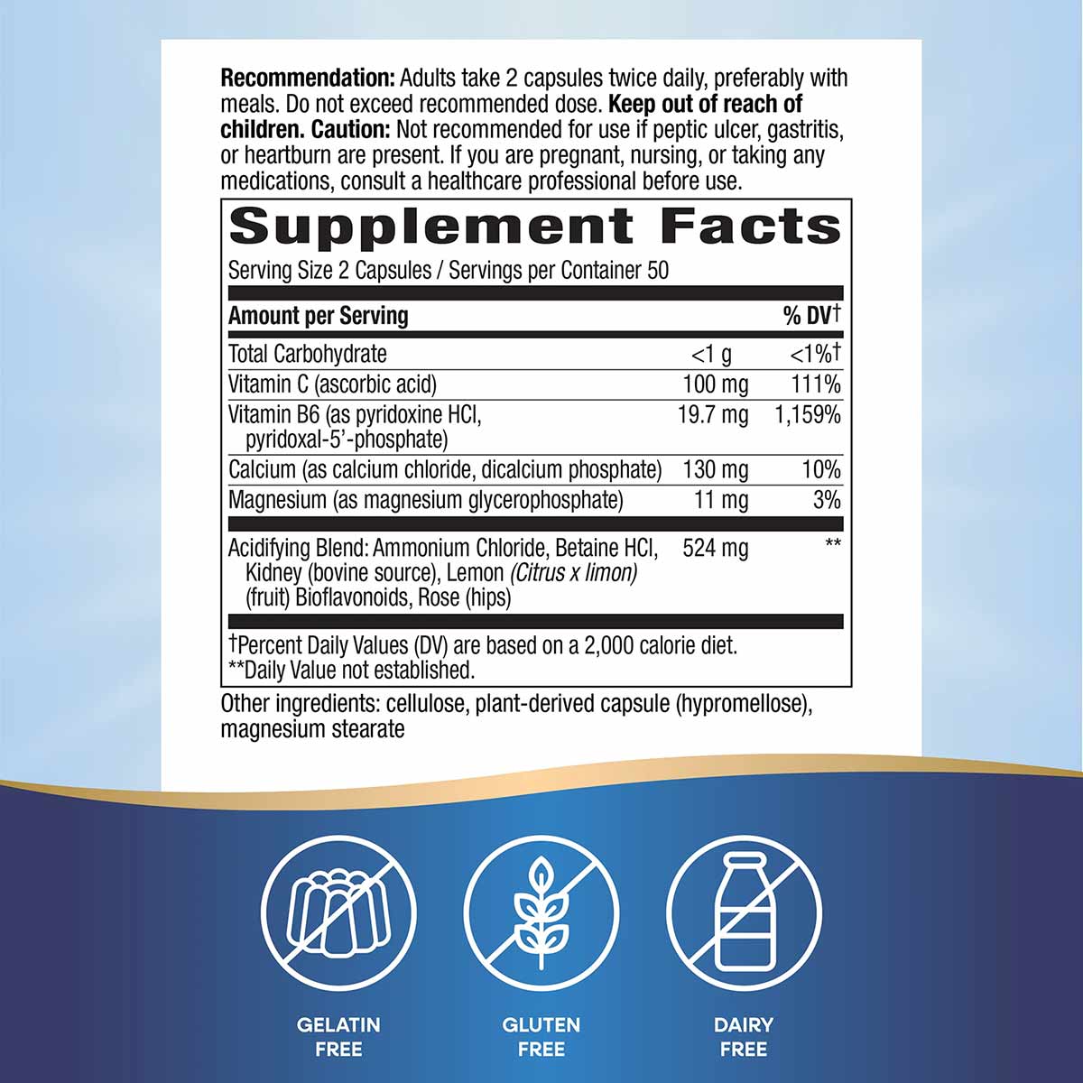Supplement Facts label for Acid-A-Cal Formula showing dosage, ingredients, and certification badges for gelatin-free, gluten-