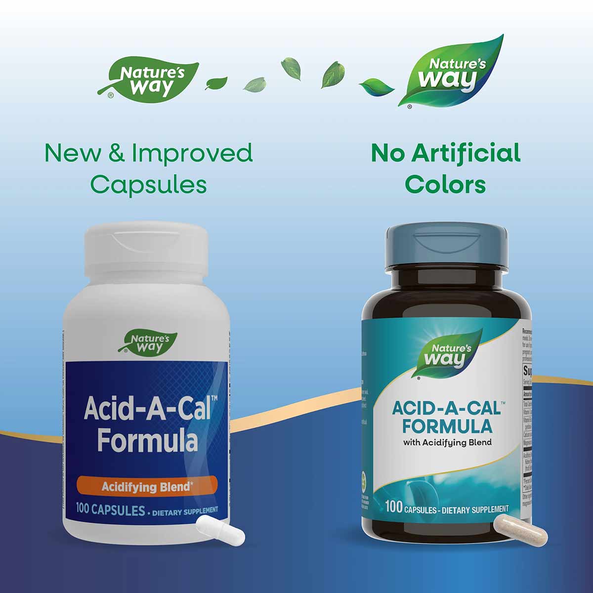Two bottles of Nature's Way Acid-A-Cal Formula dietary supplement showing old and new packaging designs with 100 capsules eac