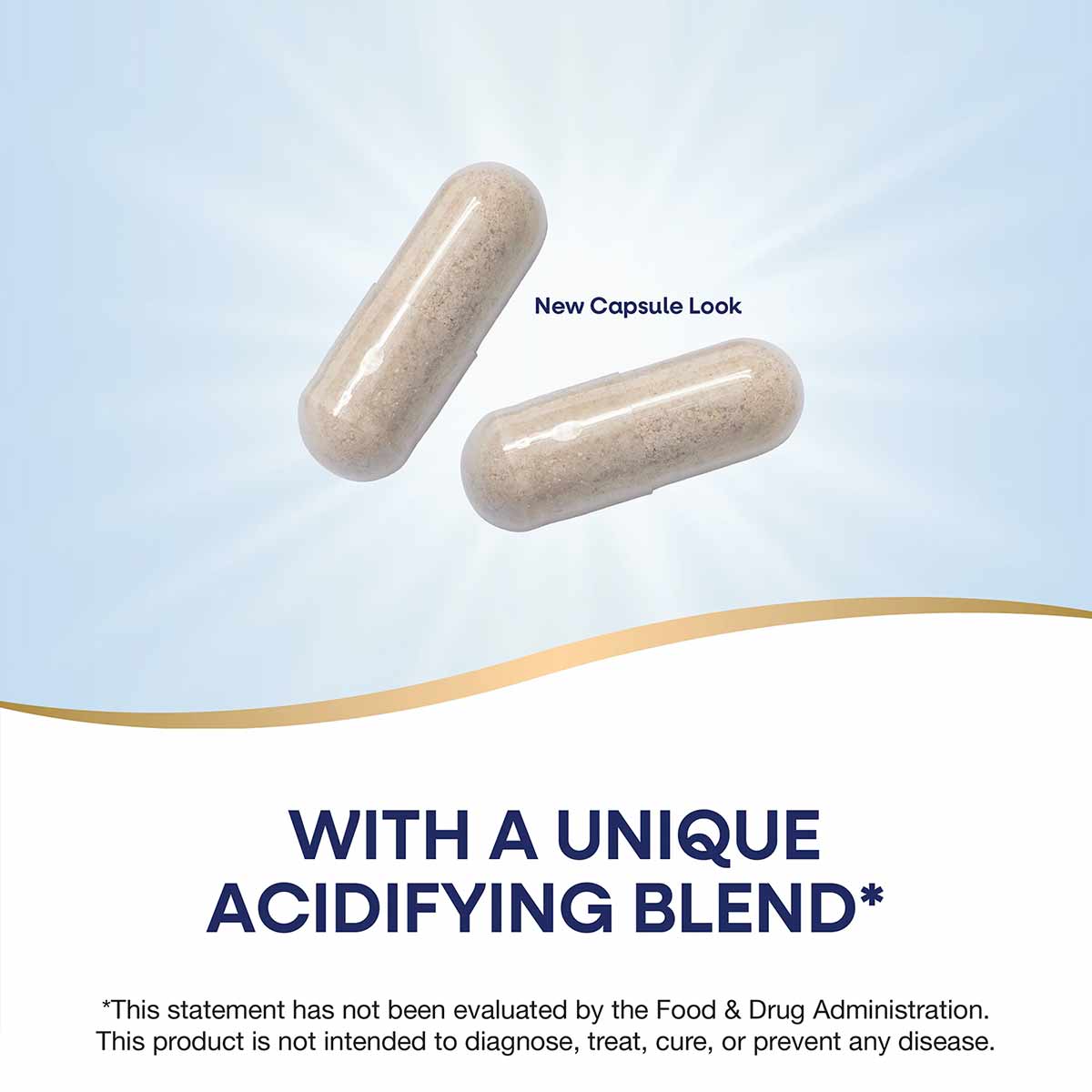 Two tan capsules displayed against a light blue background with text indicating new capsule look.
