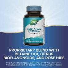 Nature's Way Acid-A-Cal Formula brown bottle with teal cap and label, containing 100 capsules.