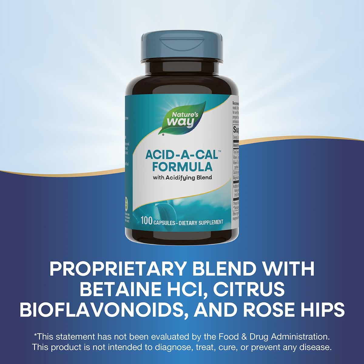 Nature's Way Acid-A-Cal Formula brown bottle with teal cap and label, containing 100 capsules.