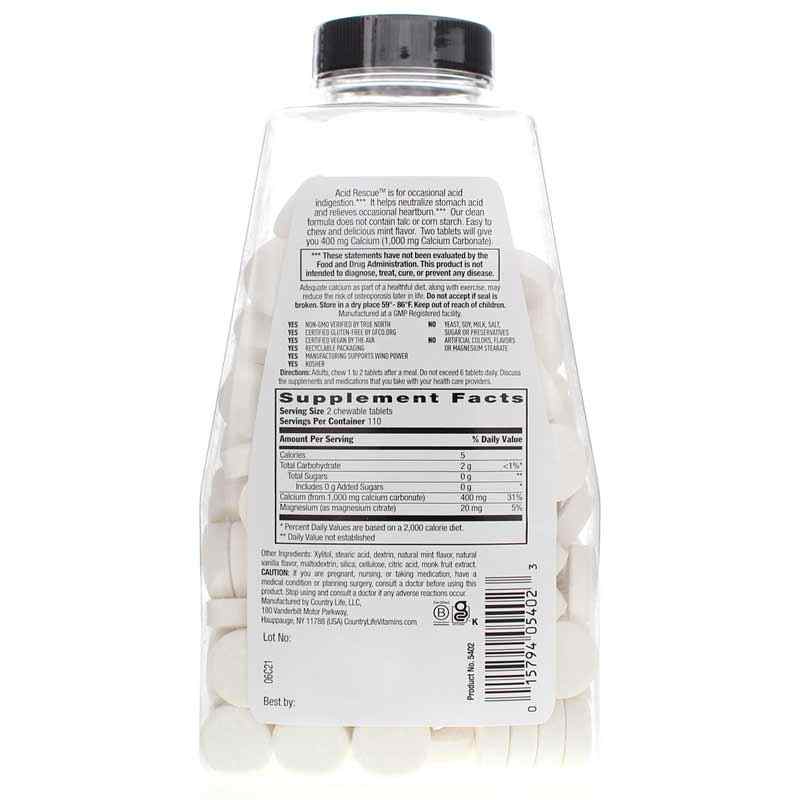 Acid Rescue Calcium Carbonate Mint, 220 Chewable Tablets, by Country Life, image #2