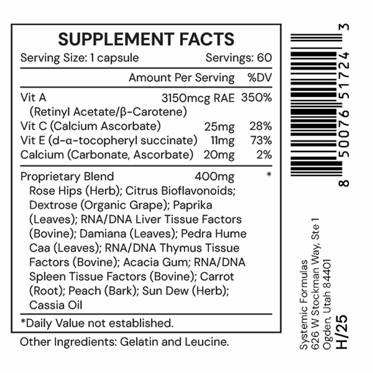 Supplement Facts label for ACP Vitamin capsules listing vitamins A, C, E, calcium, and a proprietary herbal blend.
