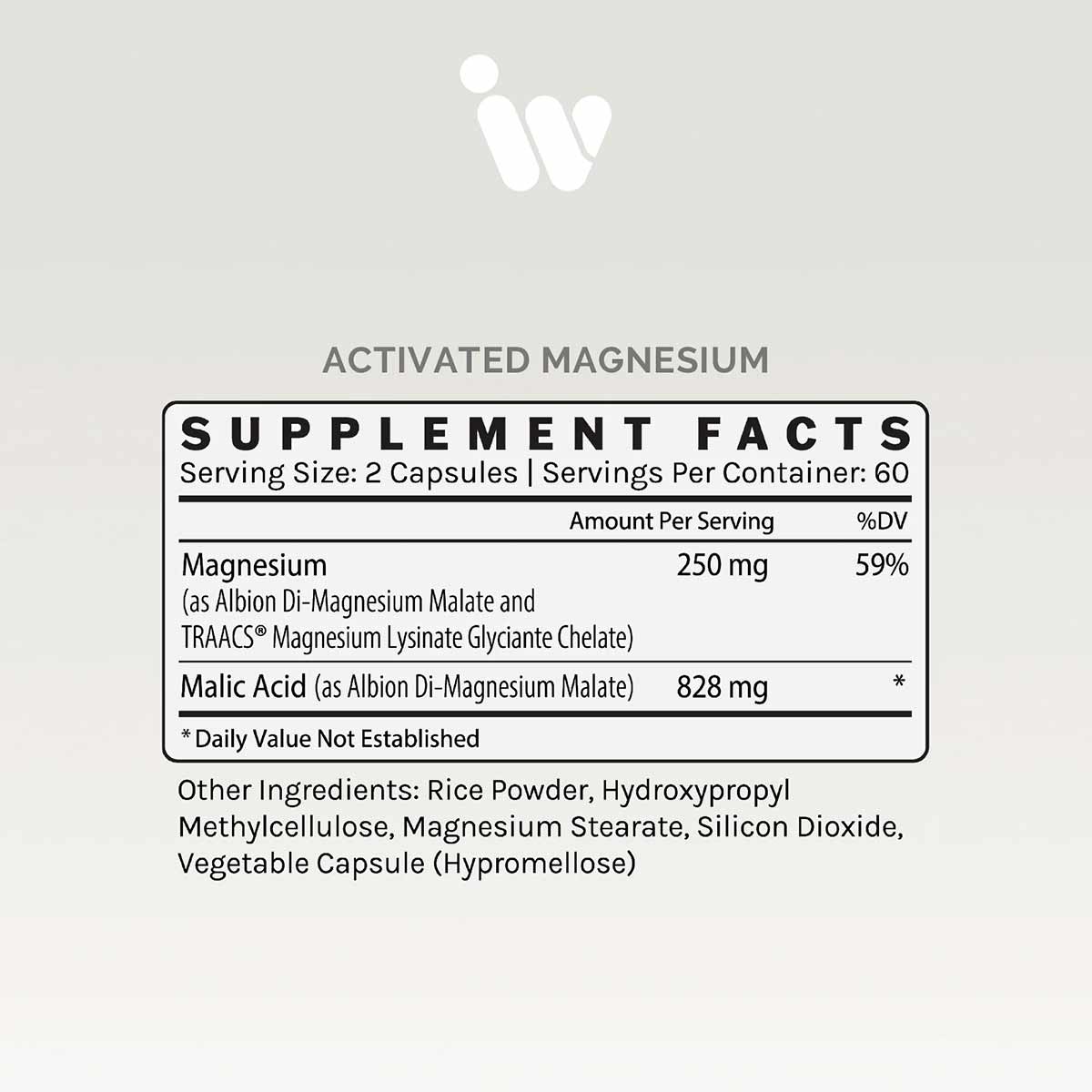 Activated Magnesium supplement facts label showing 250mg magnesium per serving in vegetable capsules with ingredient list.