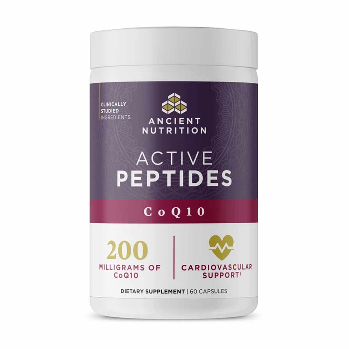 White supplement bottle with purple and burgundy label showing Ancient Nutrition Active Peptides CoQ10, 200 milligrams, 60 ca