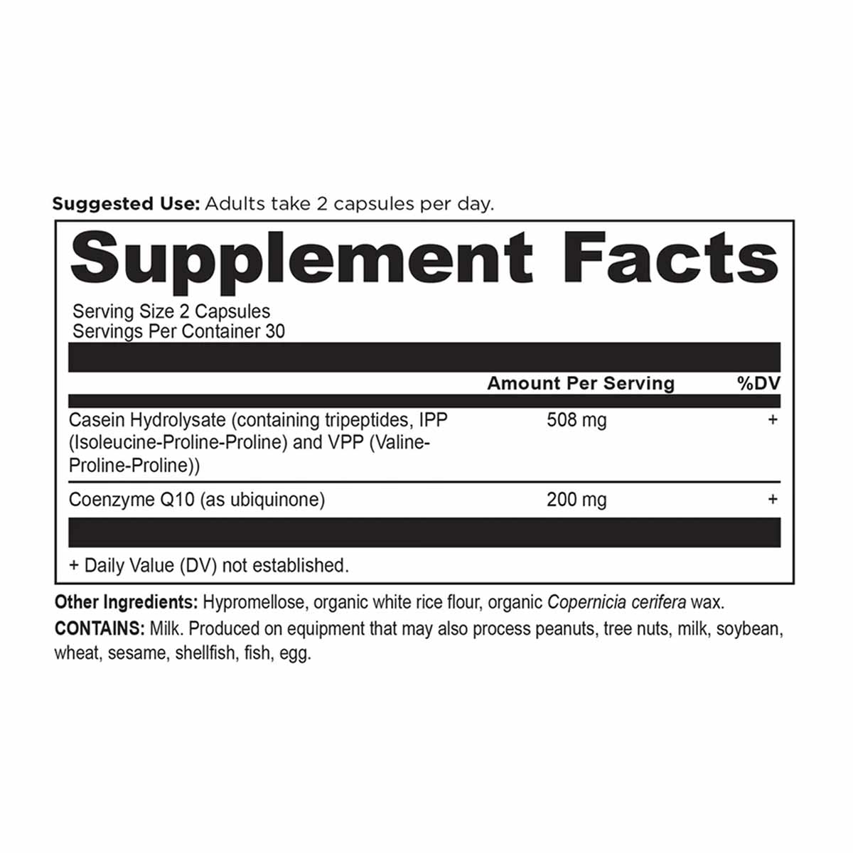 Supplement Facts label for Active Peptides CoQ10 showing 2 capsules per serving with casein hydrolysate and coenzyme Q10.
