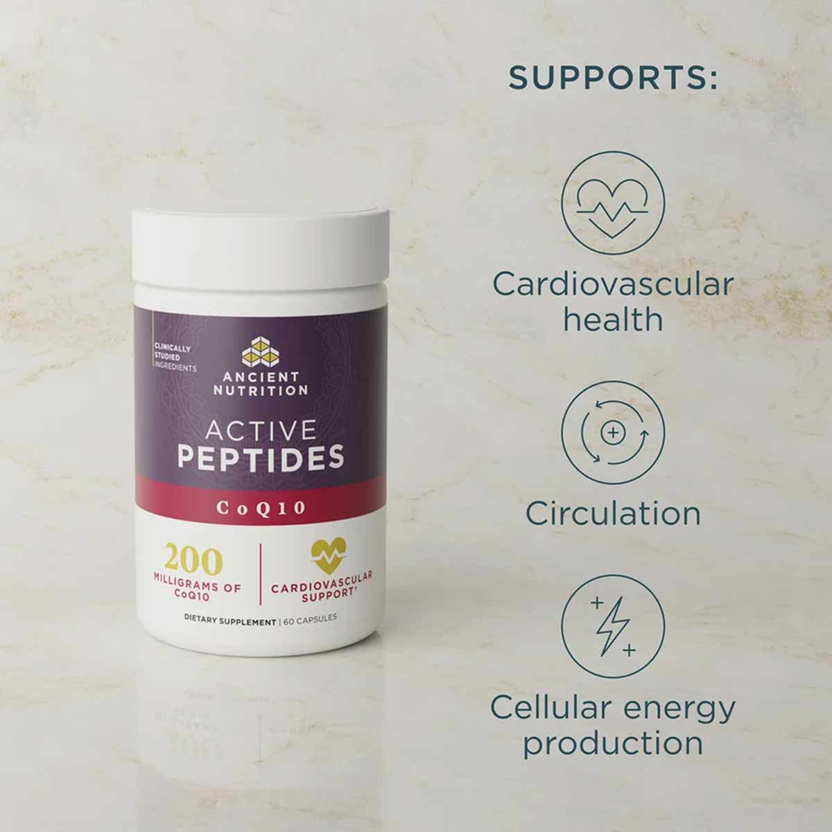 White and purple bottle of Active Peptides CoQ10 dietary supplement with 60 capsules next to icons listing cardiovascular hea