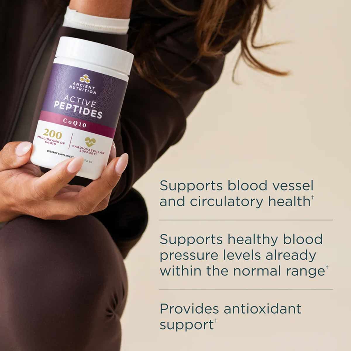 White and purple supplement bottle labeled "Active Peptides CoQ10" held in hand, 200 mg dosage visible.