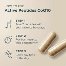 Two tan capsules next to usage instructions for Active Peptides CoQ10 supplement with three steps displayed.