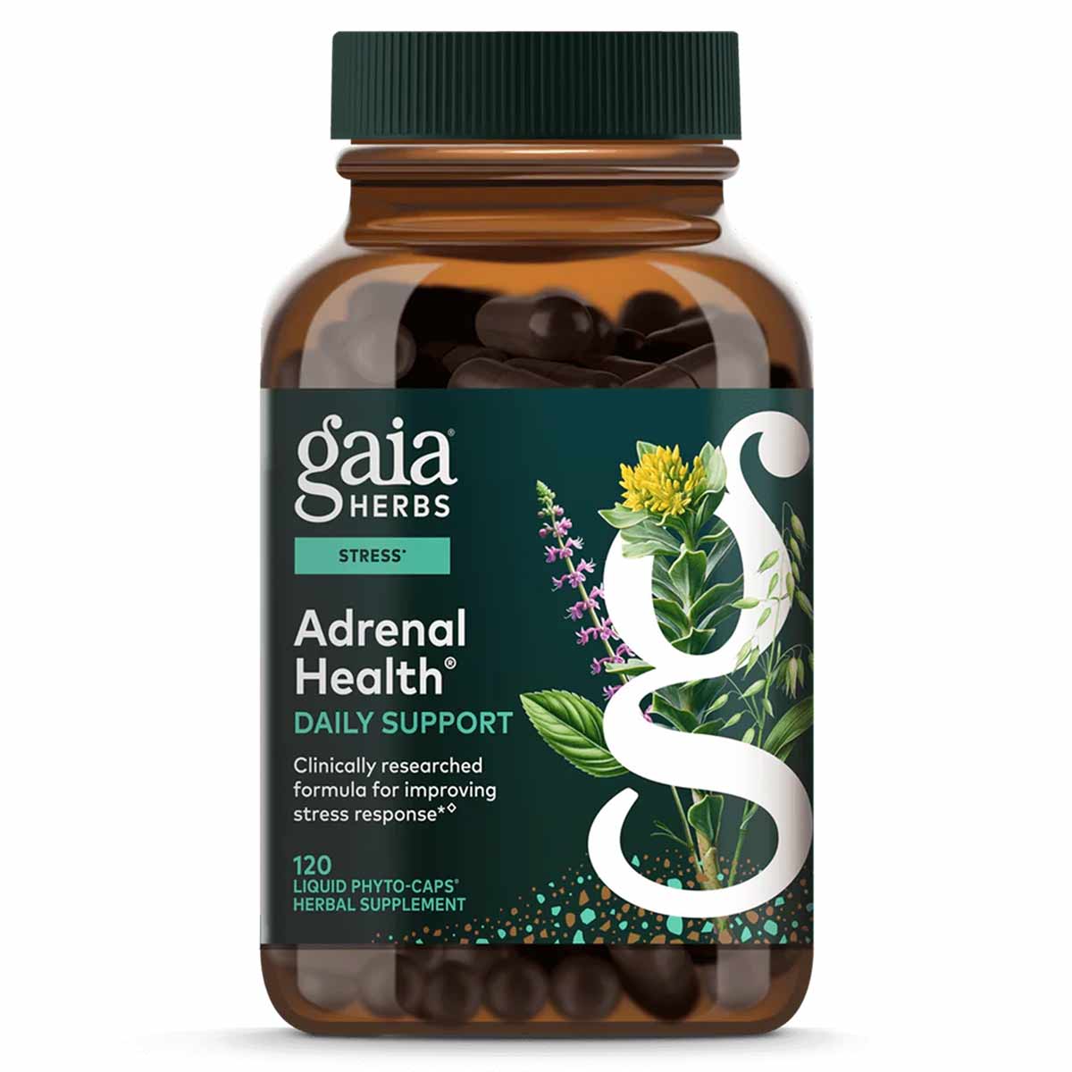 Gaia Herbs Adrenal Health Daily Support bottle with green cap containing 120 dark liquid phyto-caps capsules.