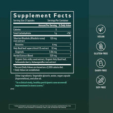 Supplement Facts label for Gaia Herbs Adrenal Health Daily Support capsules with vegan, gluten-free, dairy-free, and soy-free