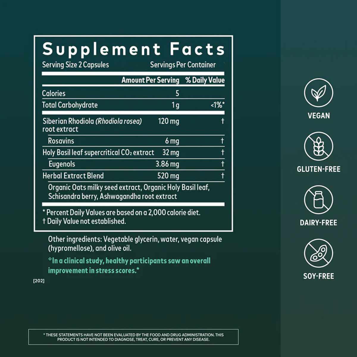 Supplement Facts label for Gaia Herbs Adrenal Health Daily Support capsules with vegan, gluten-free, dairy-free, and soy-free