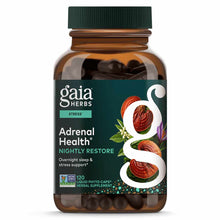 Gaia Herbs Adrenal Health Nightly Restore supplement bottle with green cap containing 120 liquid phyto-caps.