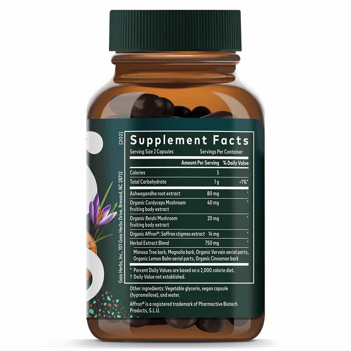 Amber glass bottle with green cap containing dark capsules, front label showing supplement facts and herbal ingredients.