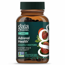 Gaia Herbs Adrenal Health Nightly Restore bottle with green cap containing 60 dark capsules.