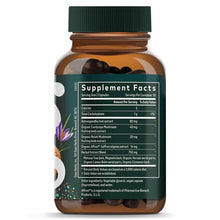 Amber glass bottle with green cap containing dark capsules, front label displays Supplement Facts with herbal ingredients inc