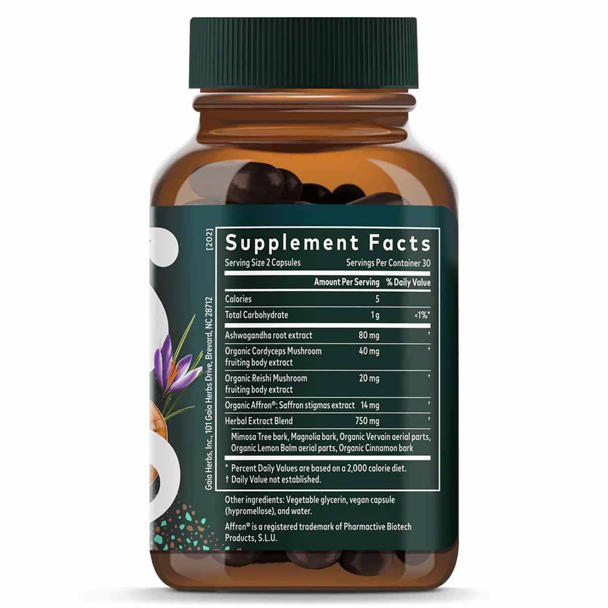 Amber glass bottle with green cap containing dark capsules, front label displays Supplement Facts with herbal ingredients inc