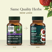 Two amber glass bottles with green caps showing old and new packaging designs for Gaia Herbs Adrenal Health Nightly Restore s