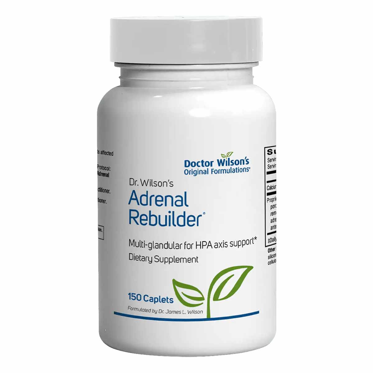 White bottle of Doctor Wilson's Adrenal Rebuilder dietary supplement containing 150 caplets with green leaf design.