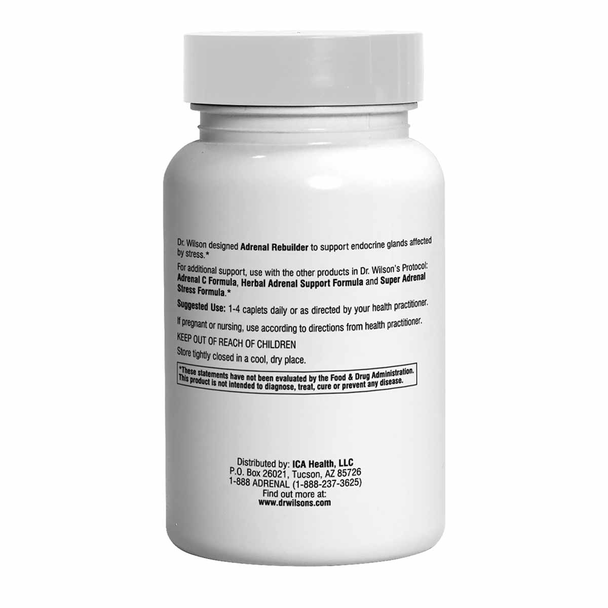 White supplement bottle with white cap labeled "Adrenal Rebuilder" by Dr. Wilson's with printed usage and ingredient informat