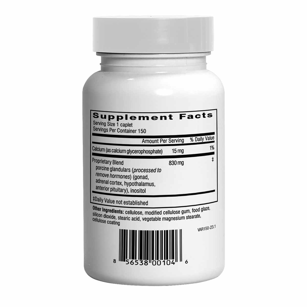 White supplement bottle with white cap labeled "Supplement Facts" showing 150 servings per container and ingredient informati