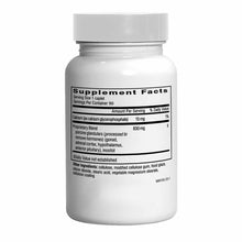 White supplement bottle with white cap displaying Supplement Facts label listing calcium and proprietary blend ingredients.