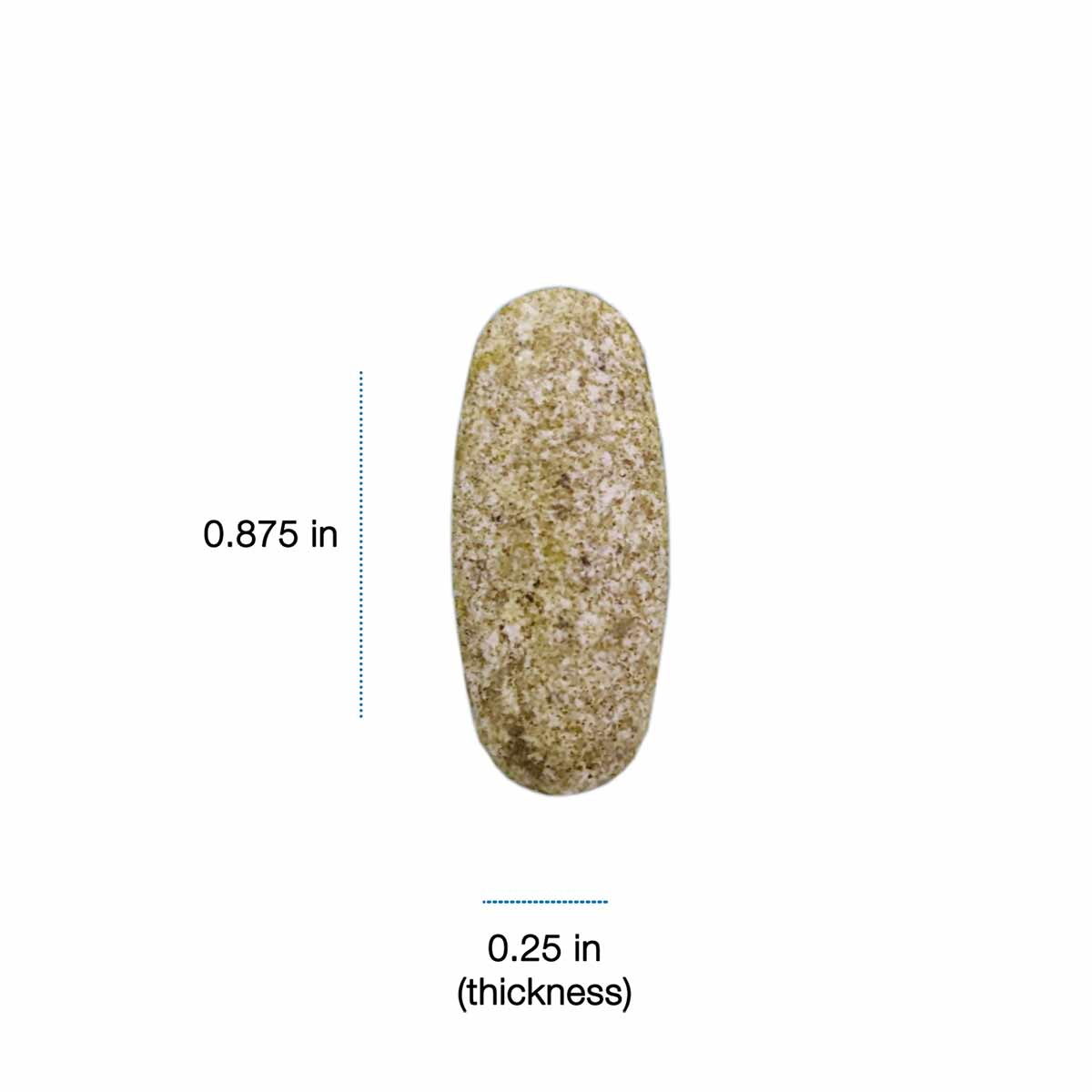 Tan and white speckled oval capsule supplement measuring 0.875 inches in length and 0.25 inches in thickness.