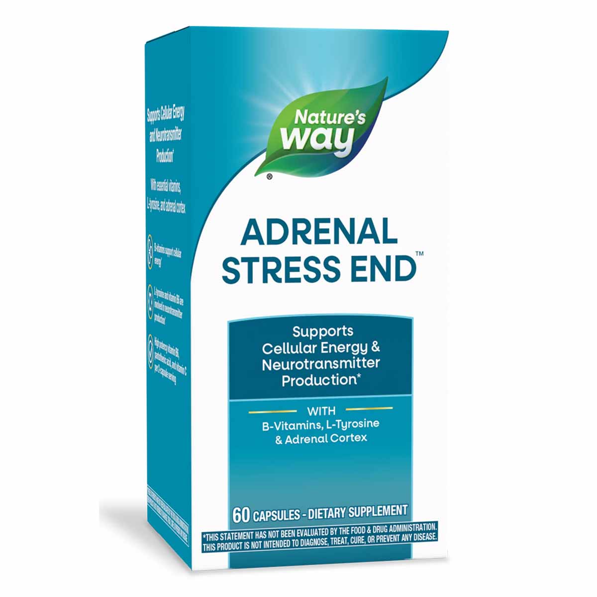 Nature's Way Adrenal Stress End dietary supplement bottle containing 60 capsules with teal and green packaging.